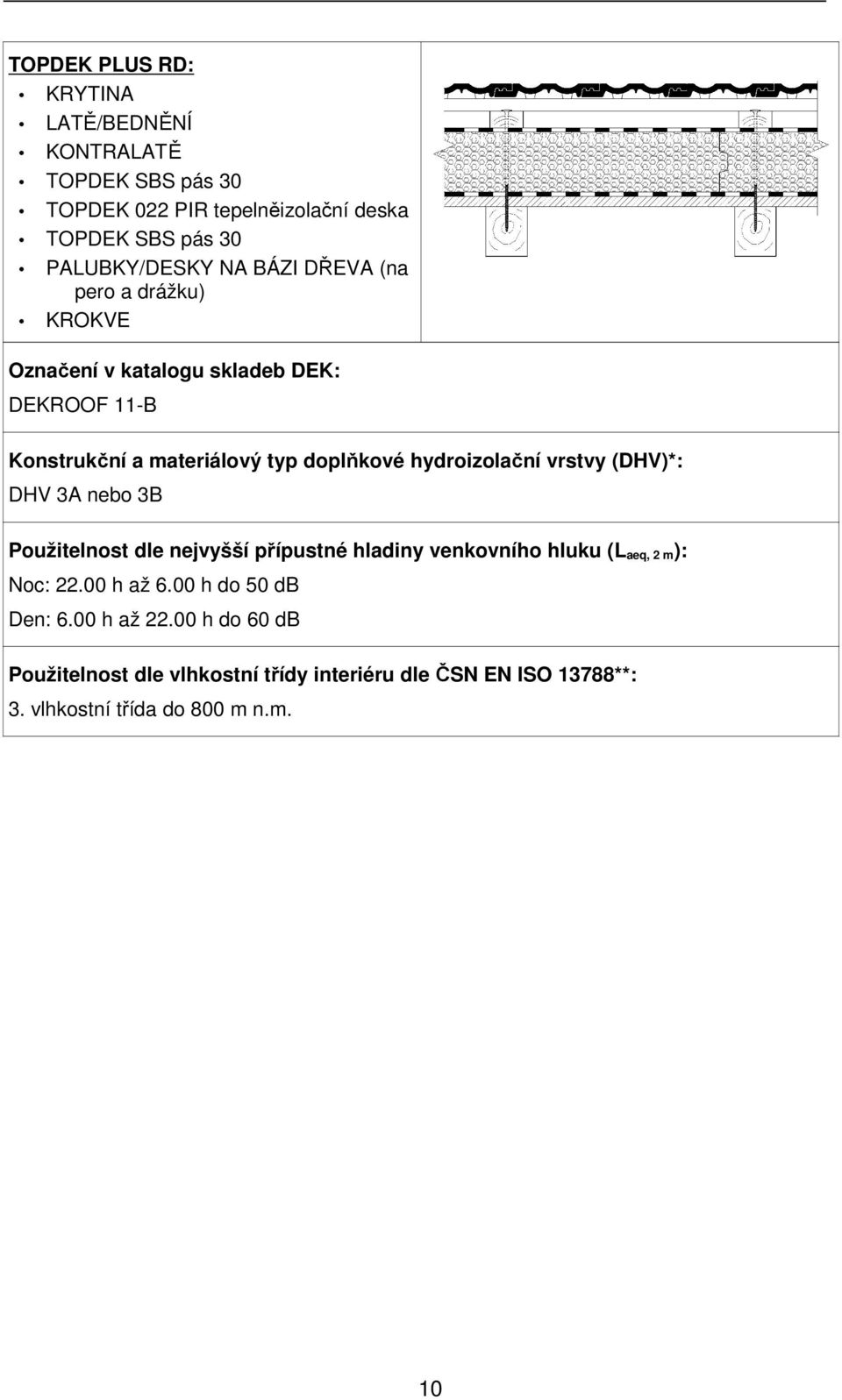 hydroizolační vrstvy (DHV)*: DHV 3A nebo 3B Použitelnost dle nejvyšší přípustné hladiny venkovního hluku (L aeq, 2 m): Noc: 22.00 h až 6.