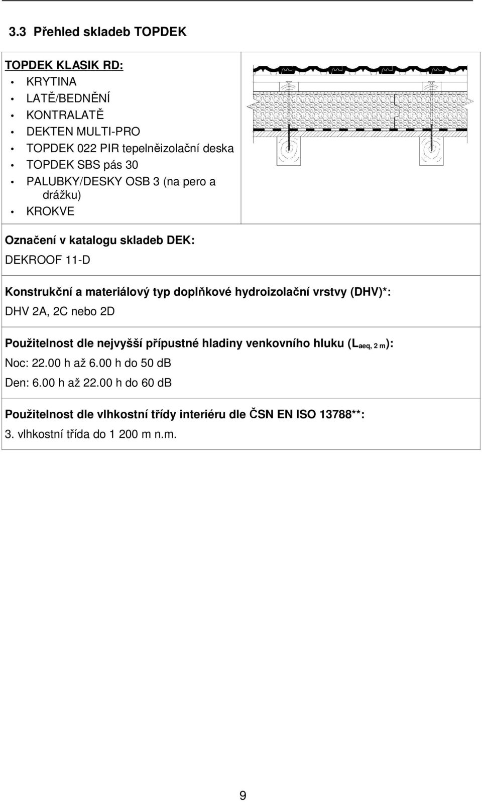 hydroizolační vrstvy (DHV)*: DHV 2A, 2C nebo 2D Použitelnost dle nejvyšší přípustné hladiny venkovního hluku (L aeq, 2 m): Noc: 22.00 h až 6.