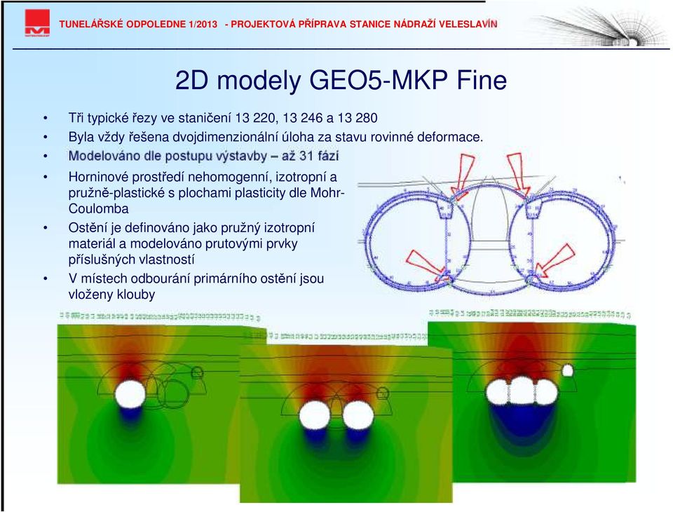 Modelováno dle postupu výstavby až 31 fází Horninové prostředí nehomogenní, izotropní a pružně-plastické s