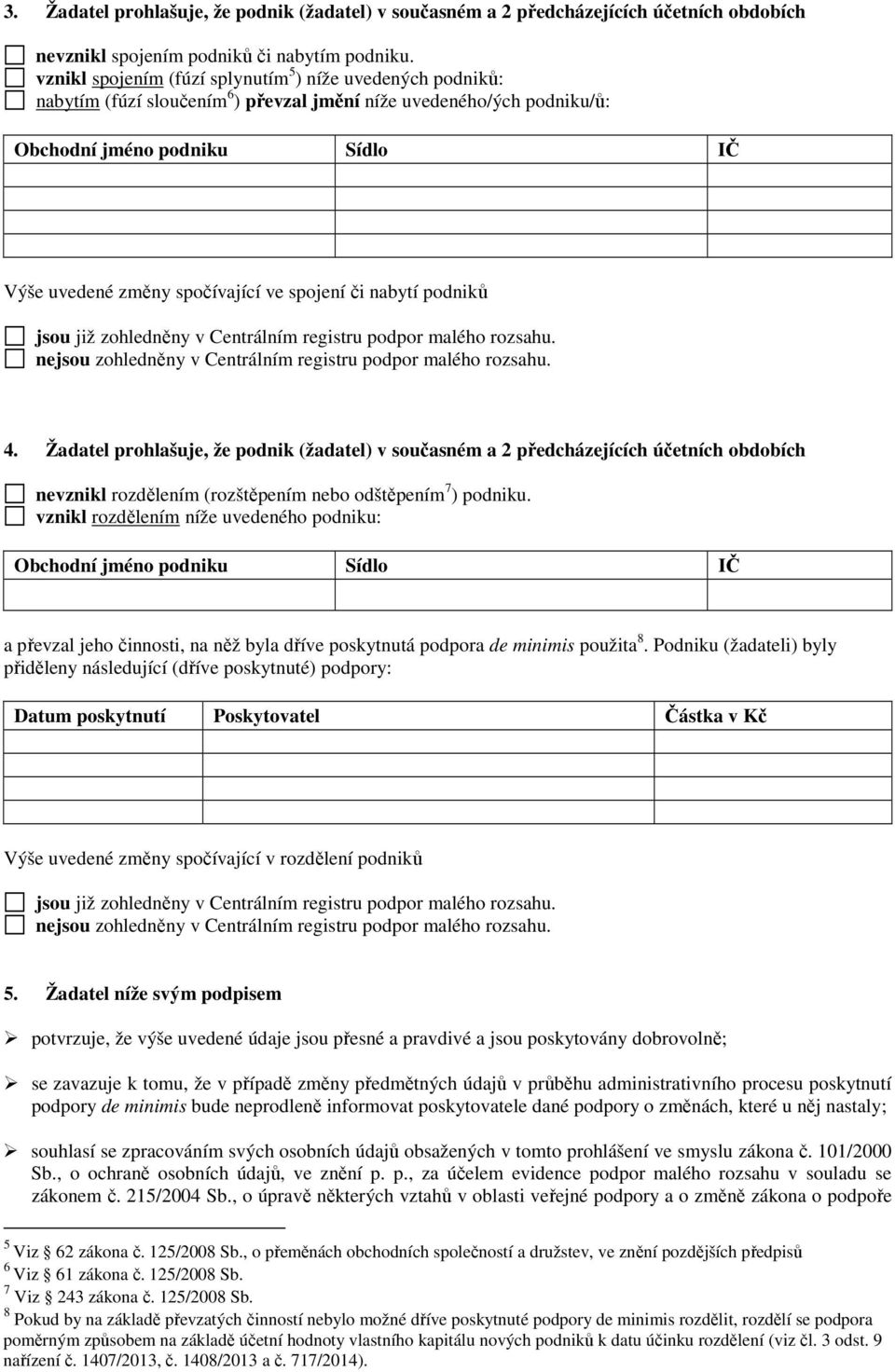 spojení či nabytí podniků jsou již zohledněny v Centrálním registru podpor malého rozsahu. nejsou zohledněny v Centrálním registru podpor malého rozsahu. 4.