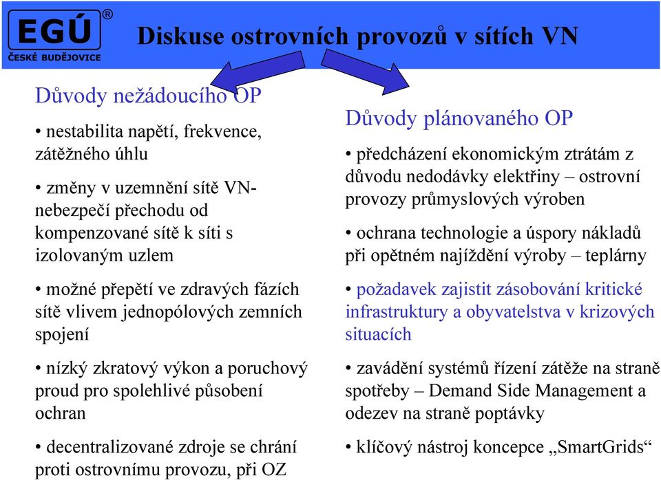 provozu, při OZ Důvody plánovaného OP předcházení ekonomickým ztrátám z důvodu nedodávky elektřiny ostrovní provozy průmyslových výroben ochrana technologie a úspory nákladů při opětném najíždění