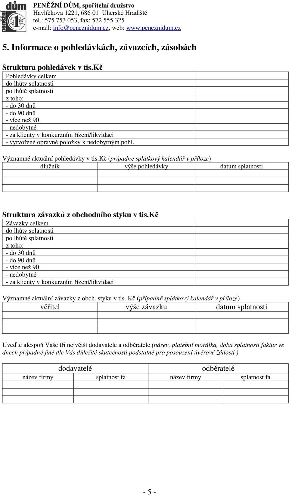 Významné aktuální pohledávky v tis.kč (případně splátkový kalendář v příloze) dlužník pohledávky datum i Struktura závazků z obchodního styku v tis.