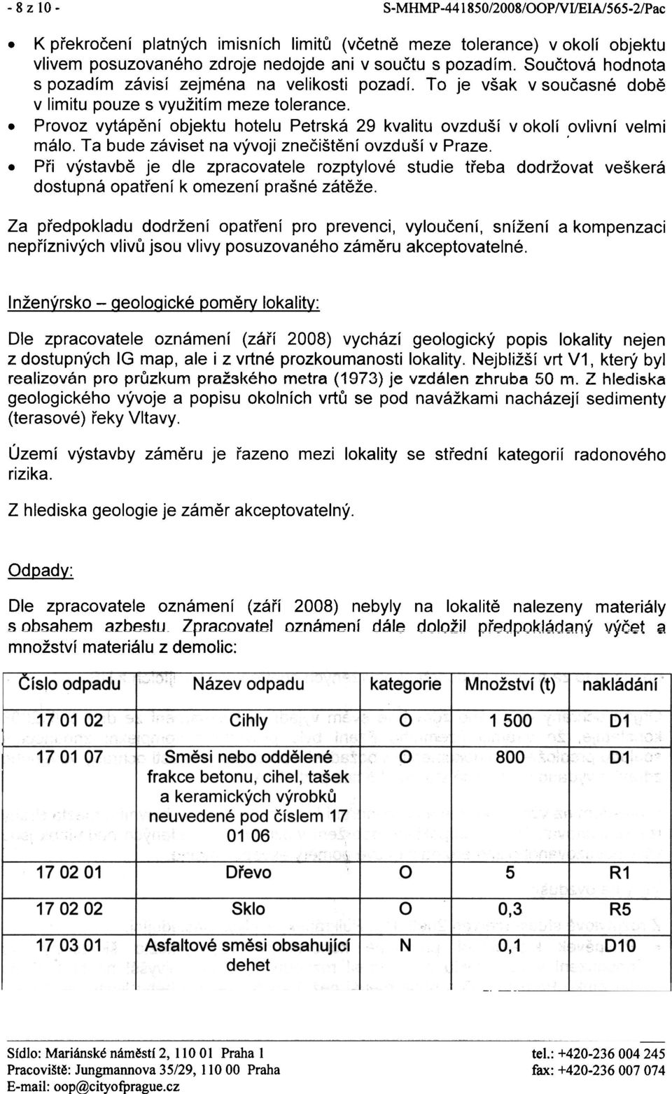 Provoz vytápìní objektu hotelu Petrská 29 kvalitu ovzduší v okolí ovlivní velmi málo. Ta bude záviset na vývoji zneèištìní ovzduší v Praze.