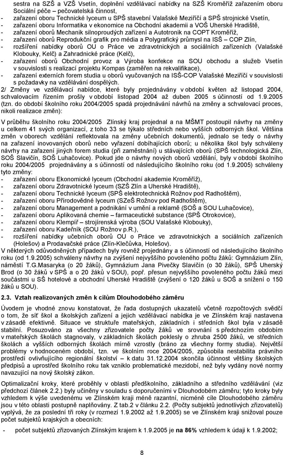 oborů Reprodukční grafik pro média a Polygrafický průmysl na ISŠ COP Zlín, - rozšíření nabídky oborů OU o Práce ve zdravotnických a sociálních zařízeních (Valašské Klobouky, Kelč) a Zahradnické práce