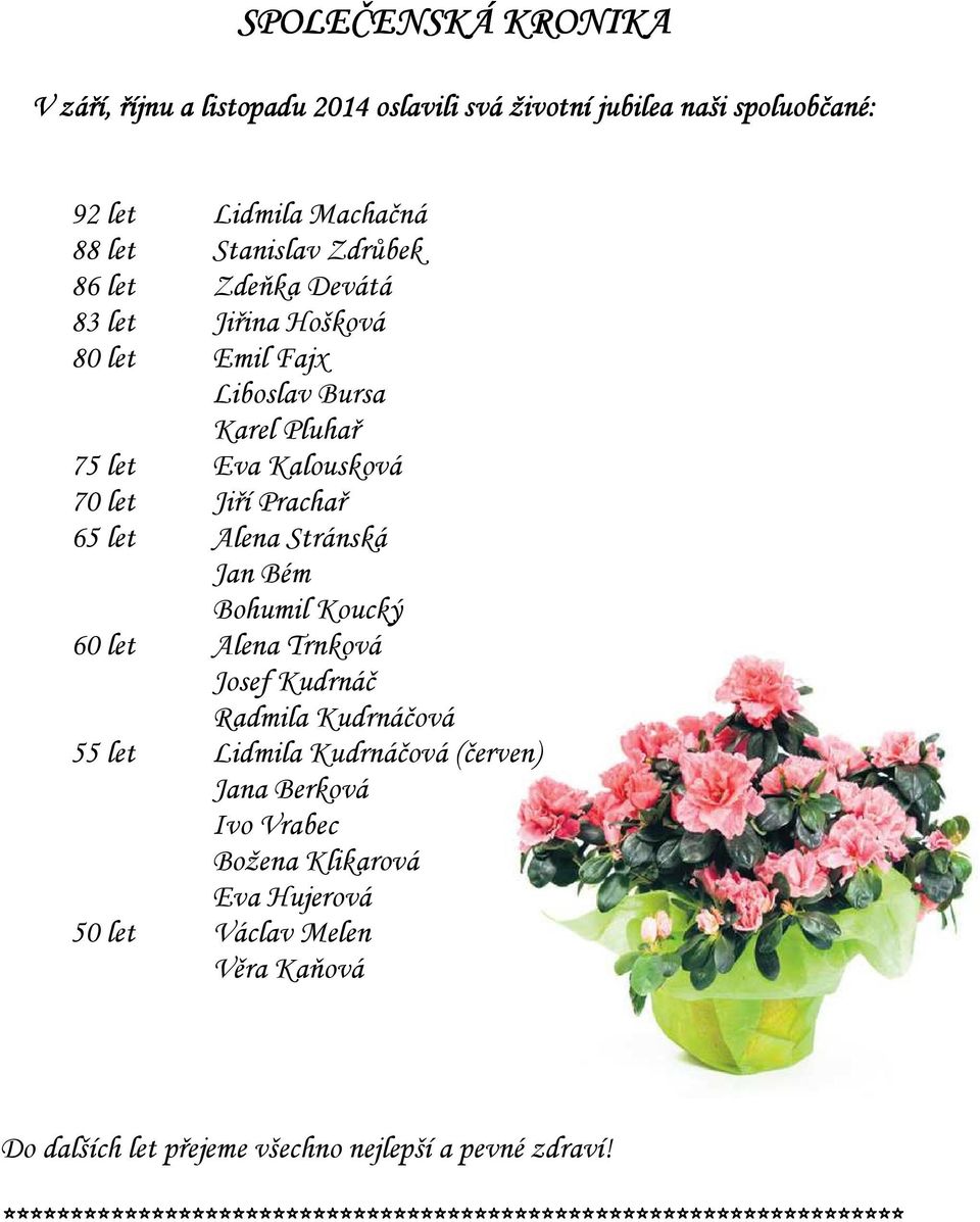 Bohumil Koucký 60 let Alena Trnková Josef Kudrnáč Radmila Kudrnáčová 55 let Lidmila Kudrnáčová (červen) Jana Berková Ivo Vrabec Božena Klikarová Eva