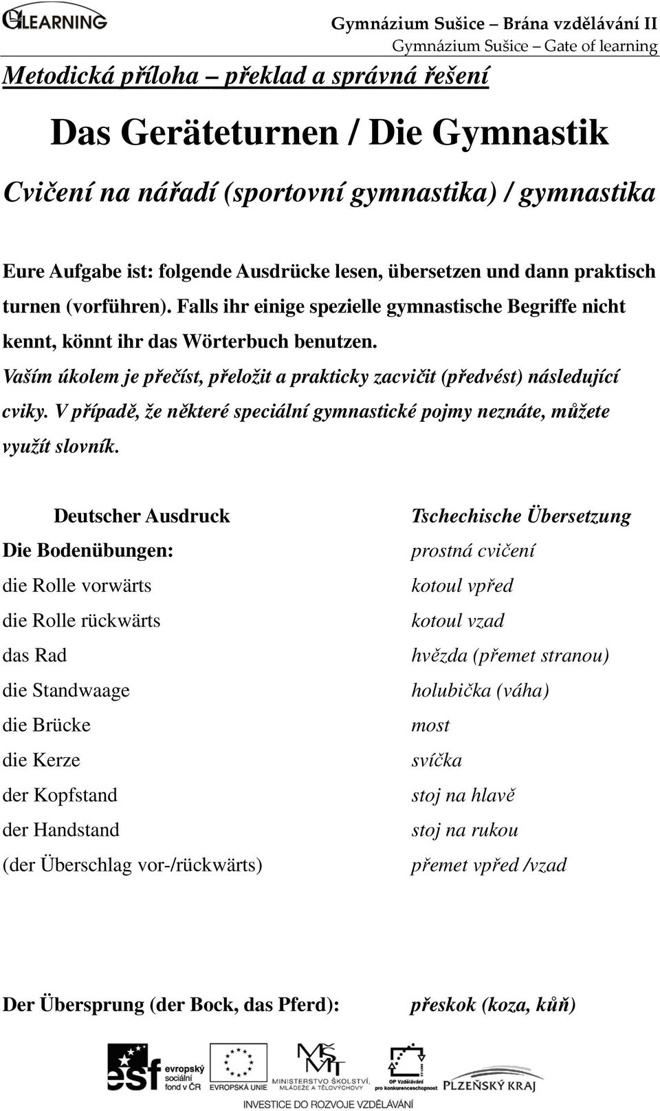 Vaším úkolem je přečíst, přeložit a prakticky zacvičit (předvést) následující cviky. V případě, že některé speciální gymnastické pojmy neznáte, můžete využít slovník.