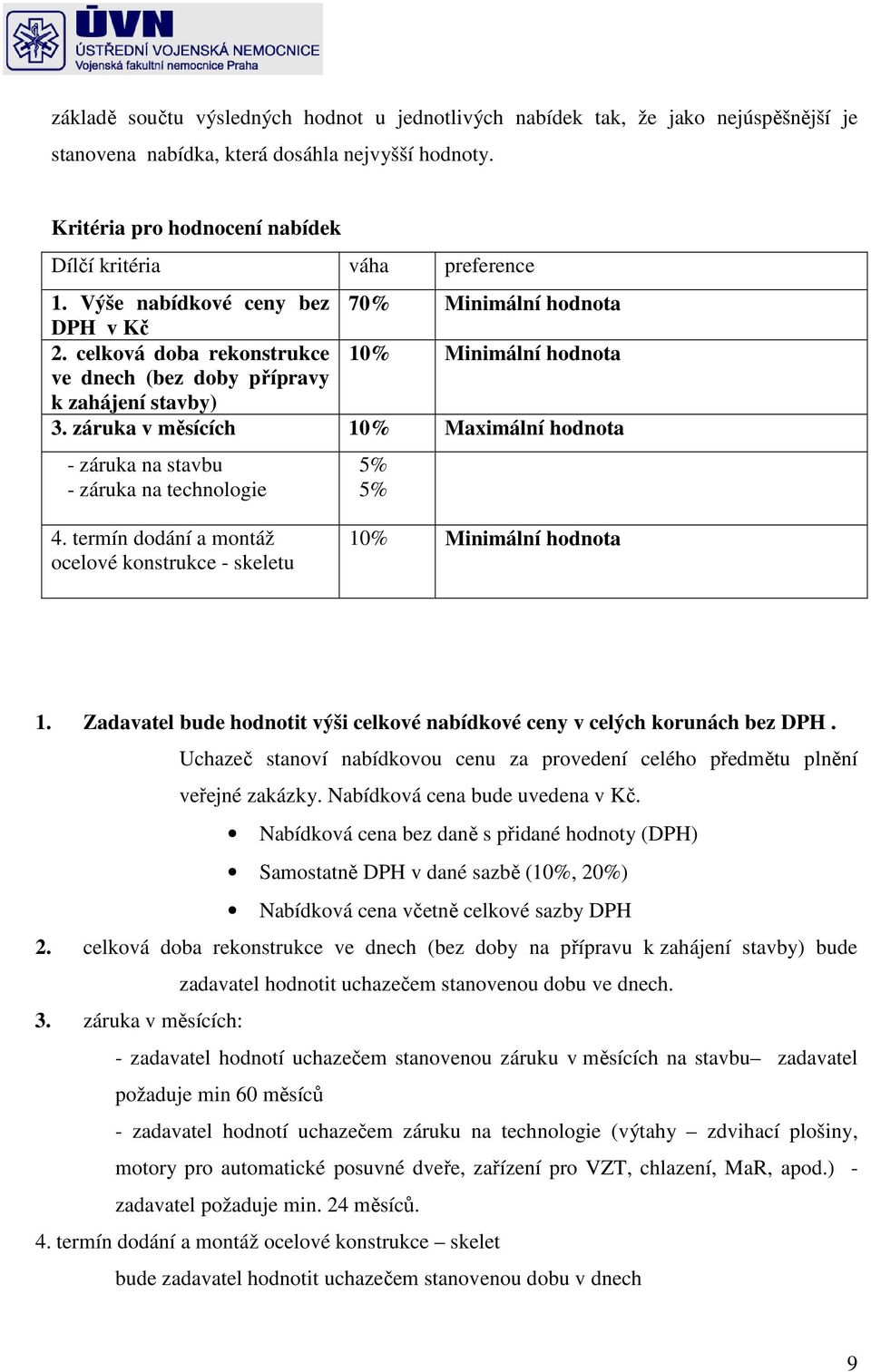 celková doba rekonstrukce 10% Minimální hodnota ve dnech (bez doby přípravy k zahájení stavby) 3. záruka v měsících 10% Maximální hodnota - záruka na stavbu - záruka na technologie 5% 5% 4.