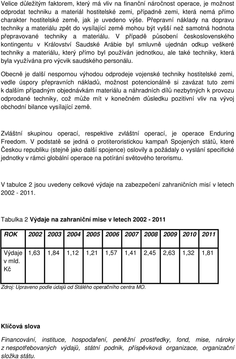 V případě působení československého kontingentu v Království Saudské Arábie byl smluvně ujednán odkup veškeré techniky a materiálu, který přímo byl používán jednotkou, ale také techniky, která byla