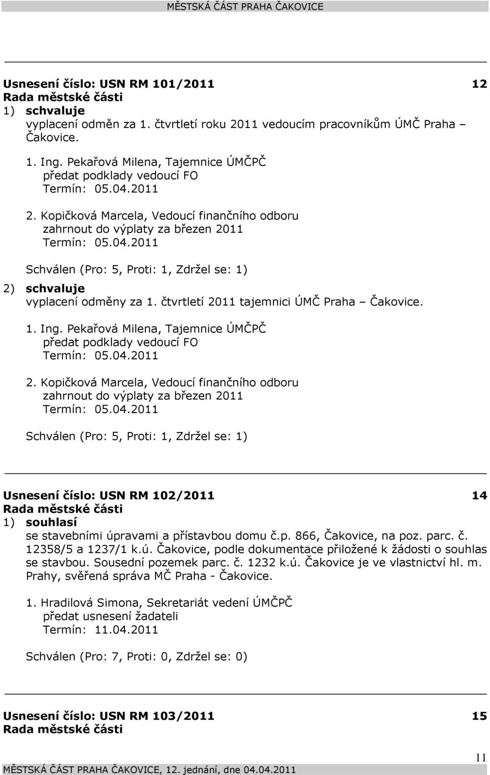 čtvrtletí 2011 tajemnici ÚMČ Praha Čakovice. 1. Ing. Pekařová Milena, Tajemnice ÚMČPČ předat podklady vedoucí FO Termín: 05.04.2011 2.