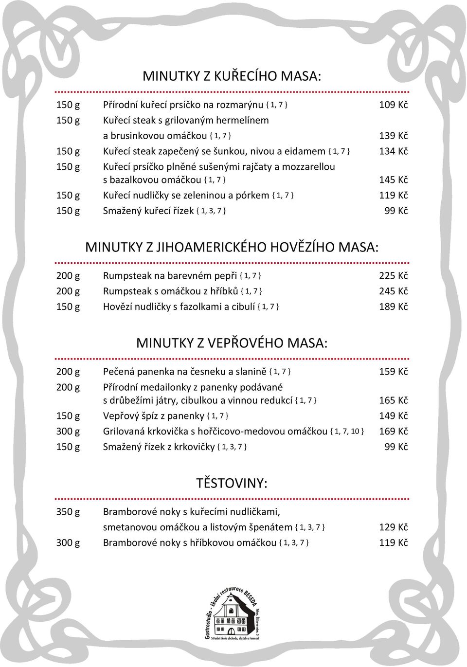g Smažený kuřecí řízek { 1, 3, 7 } 99 Kč MINUTKY Z JIHOAMERICKÉHO HOVĚZÍHO MASA: 200 g Rumpsteak na barevném pepři { 1, 7 } 225 Kč 200 g Rumpsteak s omáčkou z hříbků { 1, 7 } 245 Kč 150 g Hovězí
