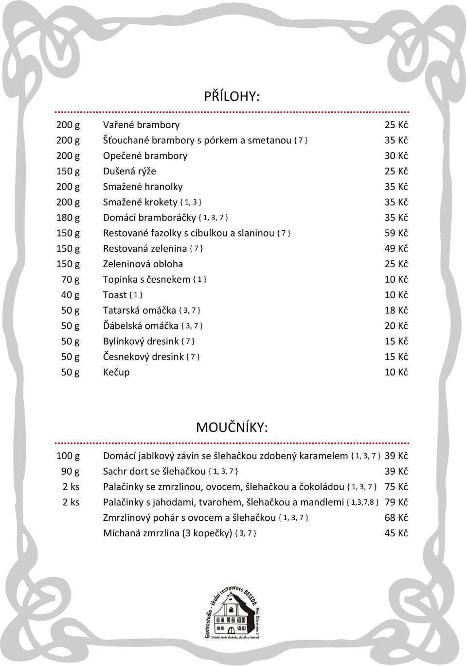 Toast { 1 } 10 Kč 50 g Tatarská omáčka { 3, 7 } 18 Kč 50 g Ďábelská omáčka { 3, 7 } 20 Kč 50 g Bylinkový dresink { 7 } 15 Kč 50 g Česnekový dresink { 7 } 15 Kč 50 g Kečup 10 Kč MOUČNÍKY: 100 g Domácí