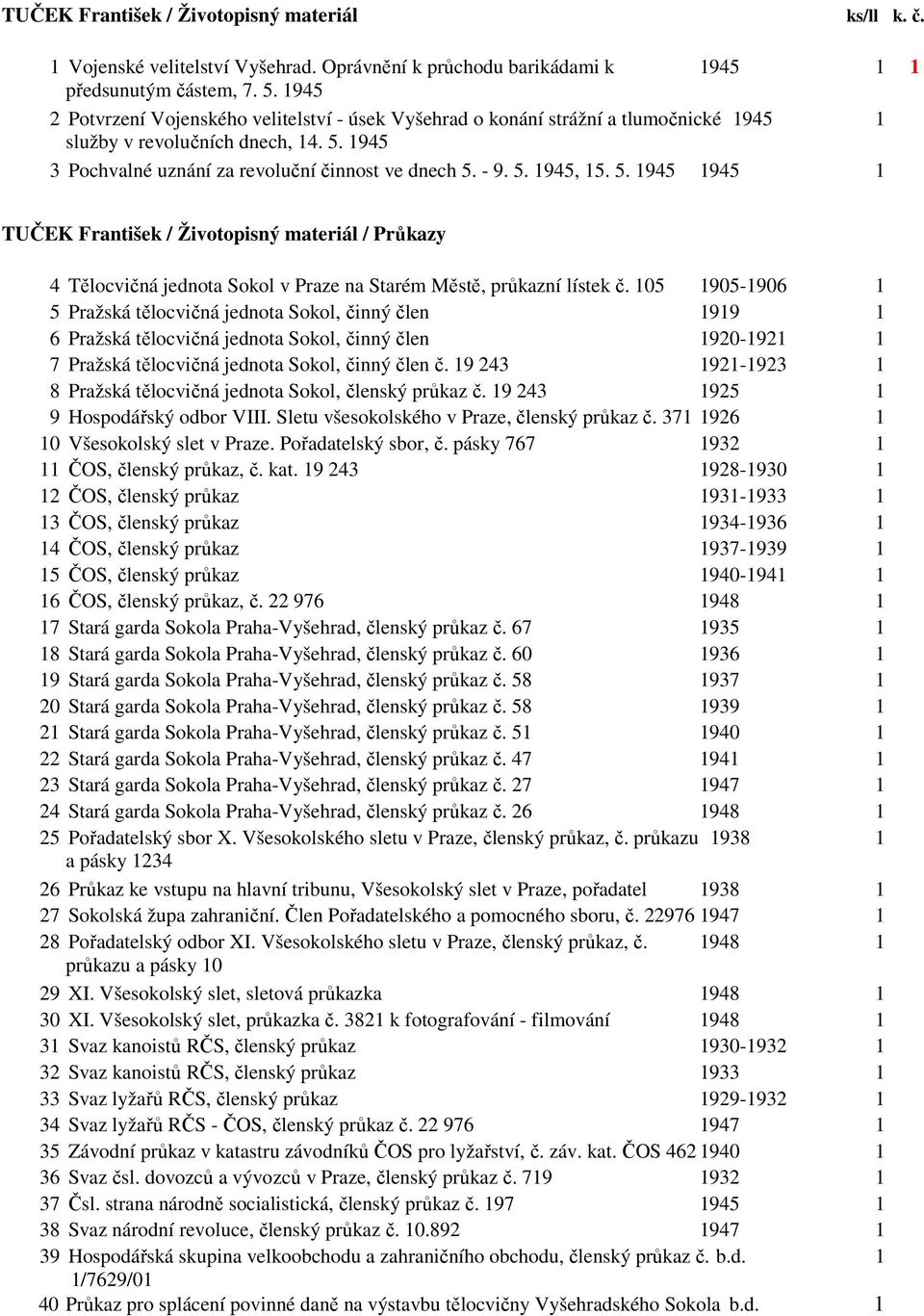 5. 1945 1945 1 TUČEK František / Životopisný materiál / Průkazy 4 Tělocvičná jednota Sokol v Praze na Starém Městě, průkazní lístek č.