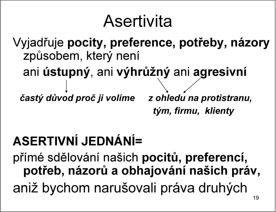 protistranu, tým, firmu, klienty ASERTIVNÍ JEDNÁNÍ= přímé sdělování našich pocitů,