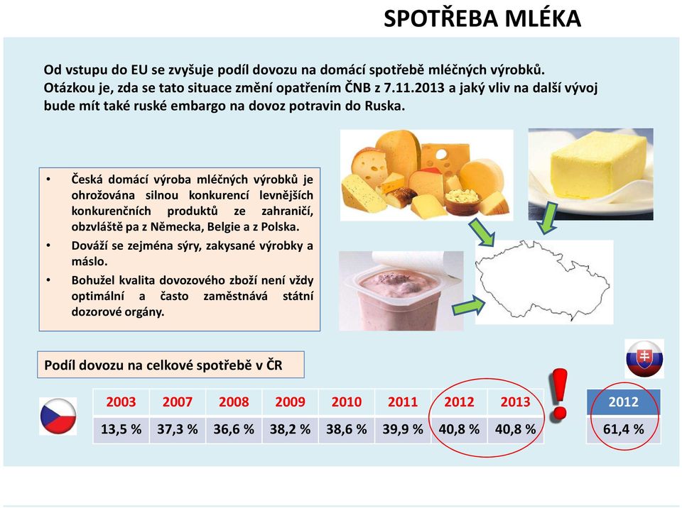 Česká domácí výroba mléčných výrobků je ohrožována silnou konkurencí levnějších konkurenčních produktů ze zahraničí, obzvláště pa z Německa, Belgie a z Polska.