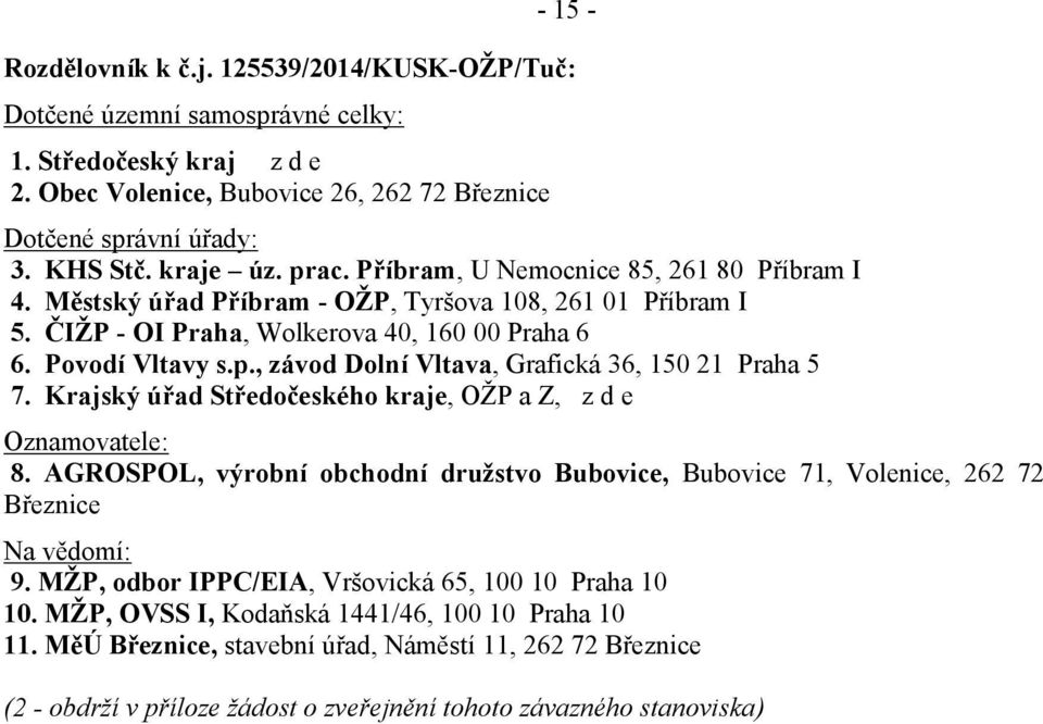 Krajský úřad Středočeského kraje, OŢP a Z, z d e Oznamovatele: 8. AGROSPOL, výrobní obchodní družstvo Bubovice, Bubovice 71, Volenice, 262 72 Březnice Na vědomí: 9.