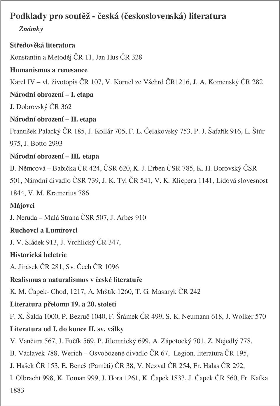Štúr 975, J. Botto 2993 Národní obrození III. etapa B. Nmcová Babika R 424, SR 620, K. J. Erben SR 785, K. H. Borovský SR 501, Národní divadlo SR 739, J. K. Tyl R 541, V. K. Klicpera 1141, Lidová slovesnost 1844, V.