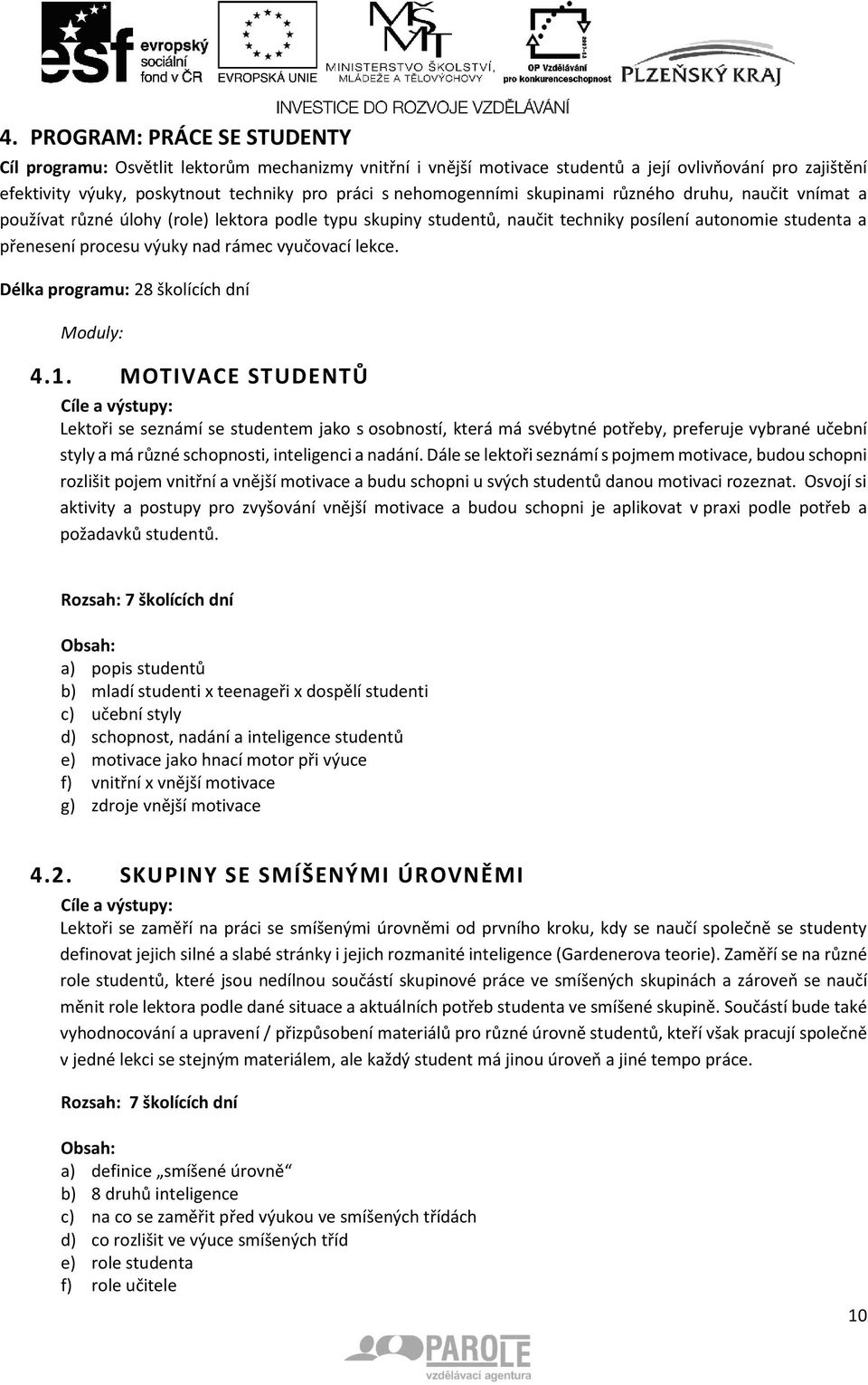 vyučovací lekce. Délka programu: 28 školících dní Moduly: 4.1.