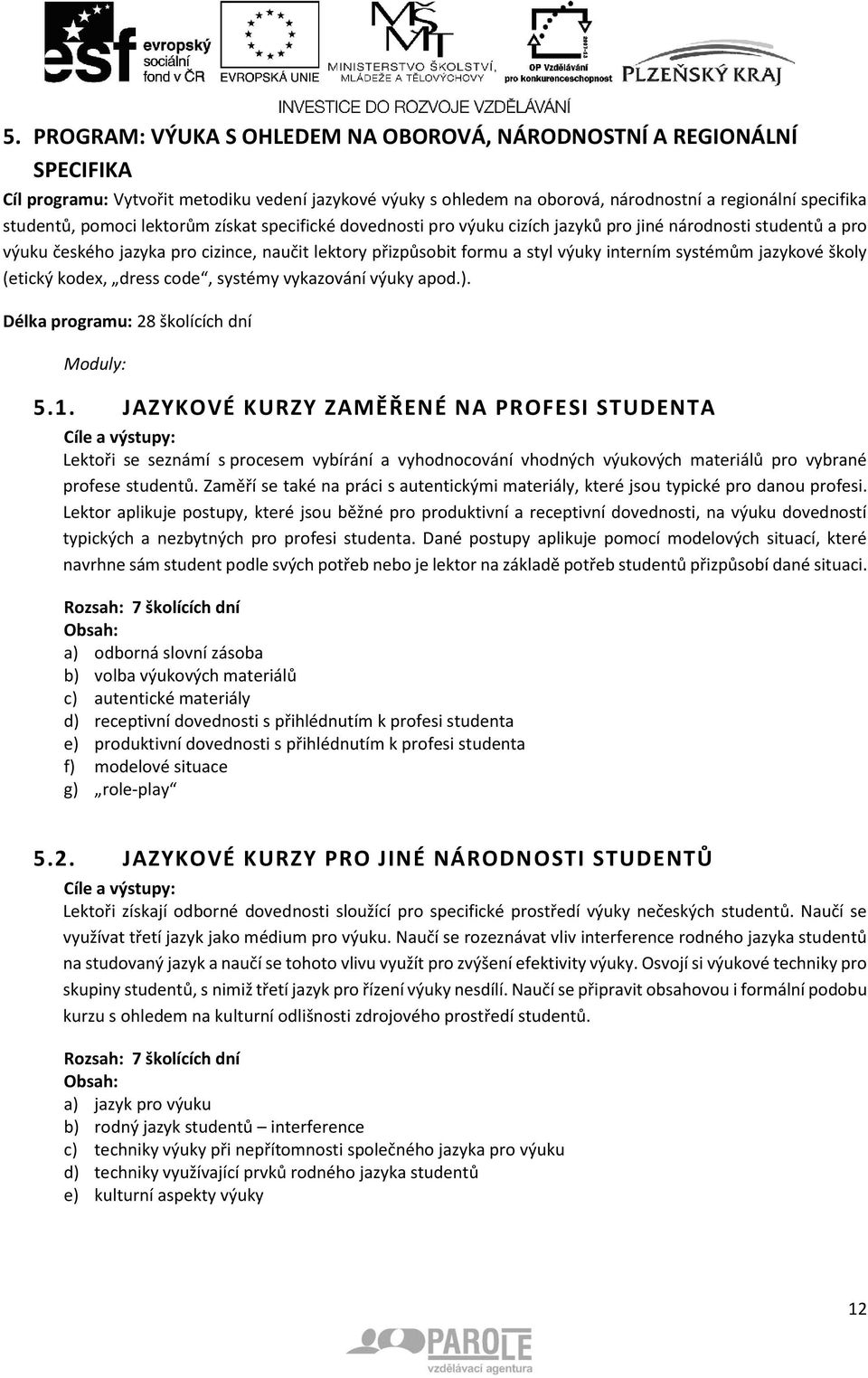 systémům jazykové školy (etický kodex, dress code, systémy vykazování výuky apod.). Délka programu: 28 školících dní Moduly: 5.1.