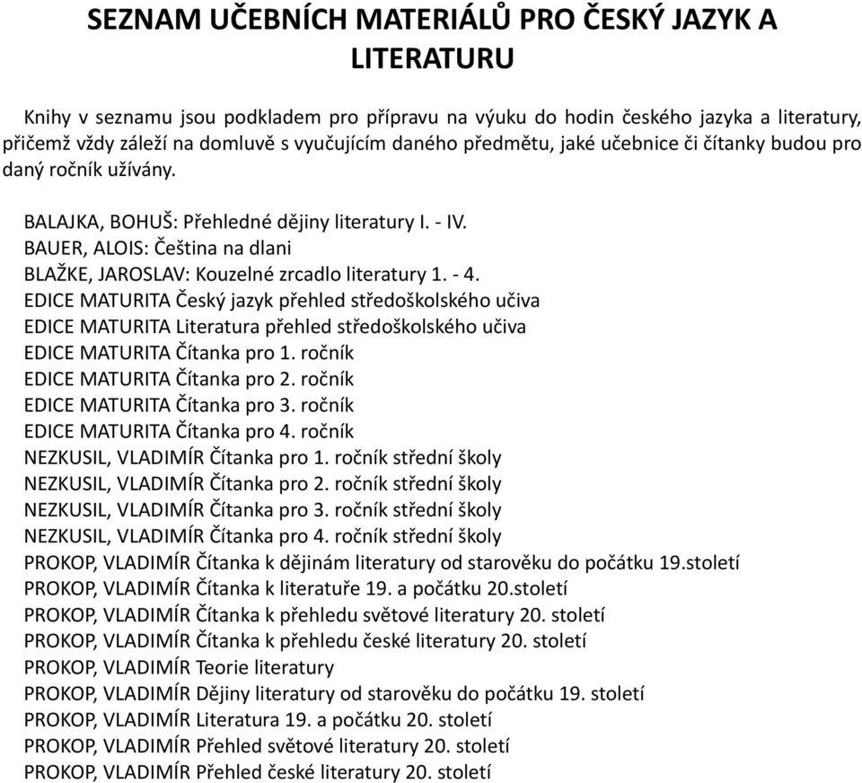 - 4. EDICE MATURITA Český jazyk přehled středoškolského učiva EDICE MATURITA Literatura přehled středoškolského učiva EDICE MATURITA Čítanka pro 1. ročník EDICE MATURITA Čítanka pro 2.