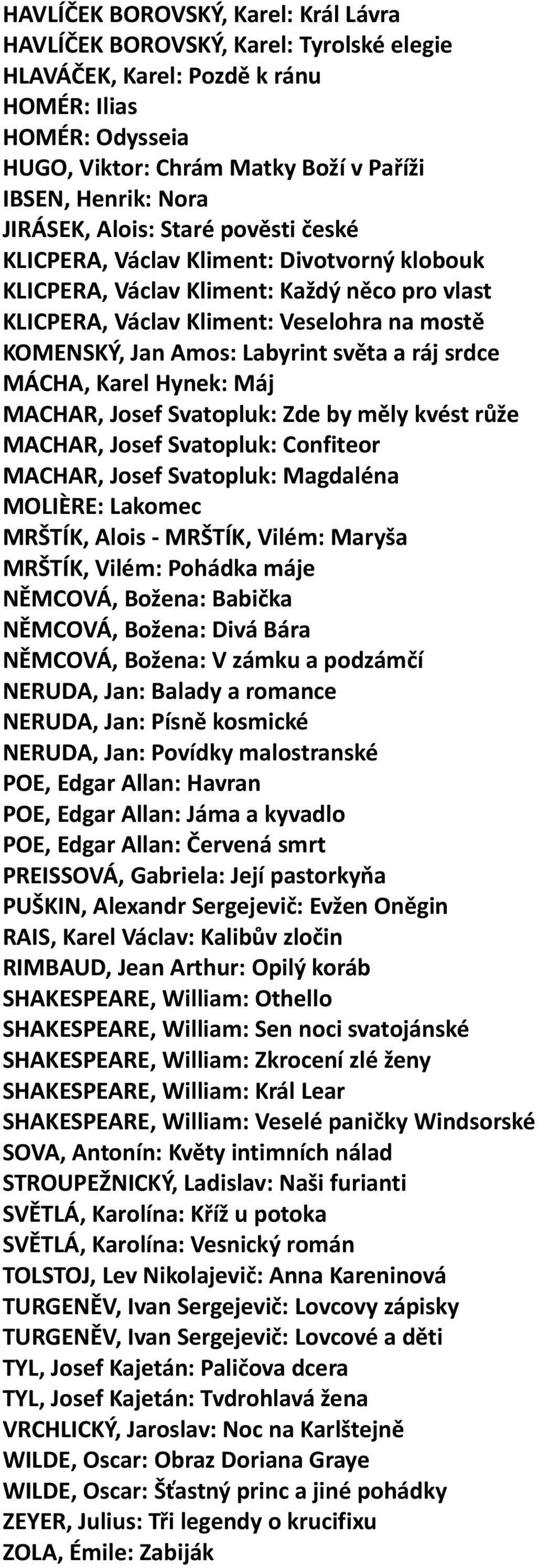 Labyrint světa a ráj srdce MÁCHA, Karel Hynek: Máj MACHAR, Josef Svatopluk: Zde by měly kvést růže MACHAR, Josef Svatopluk: Confiteor MACHAR, Josef Svatopluk: Magdaléna MOLIÈRE: Lakomec MRŠTÍK, Alois