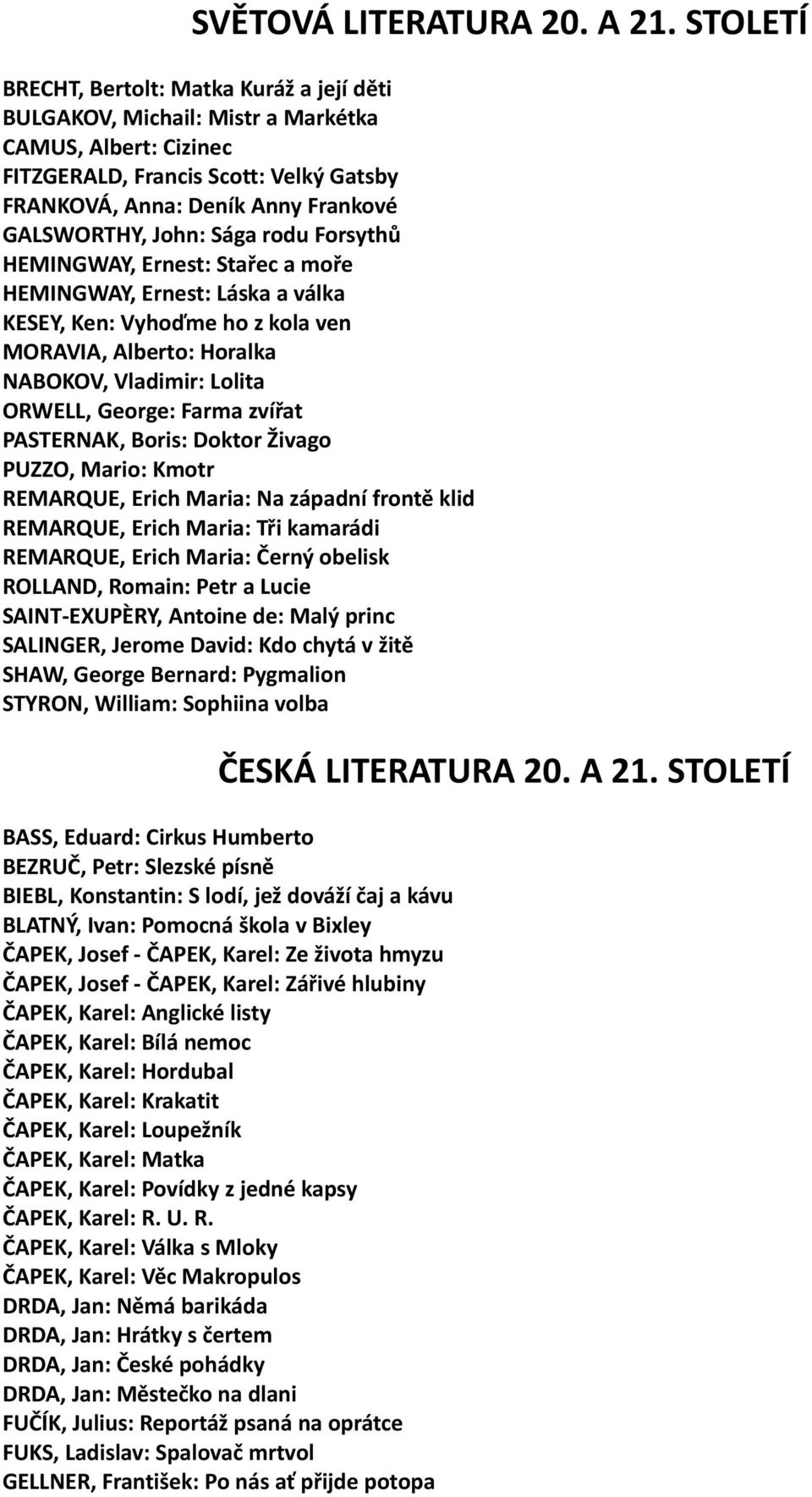 John: Sága rodu Forsythů HEMINGWAY, Ernest: Stařec a moře HEMINGWAY, Ernest: Láska a válka KESEY, Ken: Vyhoďme ho z kola ven MORAVIA, Alberto: Horalka NABOKOV, Vladimir: Lolita ORWELL, George: Farma