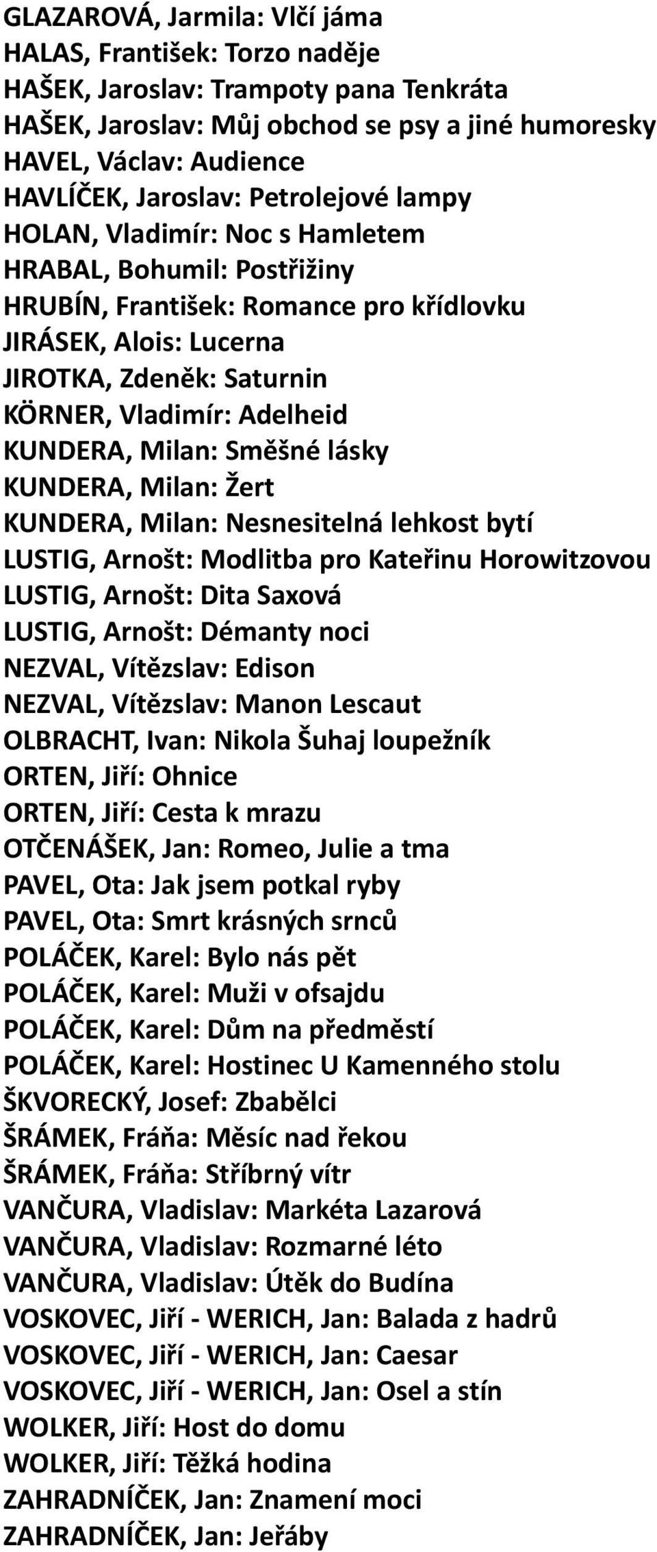 KUNDERA, Milan: Směšné lásky KUNDERA, Milan: Žert KUNDERA, Milan: Nesnesitelná lehkost bytí LUSTIG, Arnošt: Modlitba pro Kateřinu Horowitzovou LUSTIG, Arnošt: Dita Saxová LUSTIG, Arnošt: Démanty noci