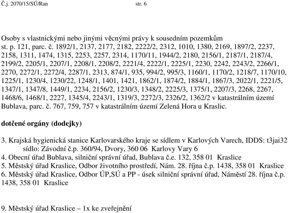 2208/2, 2221/4, 2222/1, 2225/1, 2230, 2242, 2243/2, 2266/1, 2270, 2272/1, 2272/4, 2287/1, 2313, 874/1, 935, 994/2, 995/3, 1160/1, 1170/2, 1218/7, 1170/10, 1225/1, 1230/4, 1230/22, 1248/1, 1401, 1421,