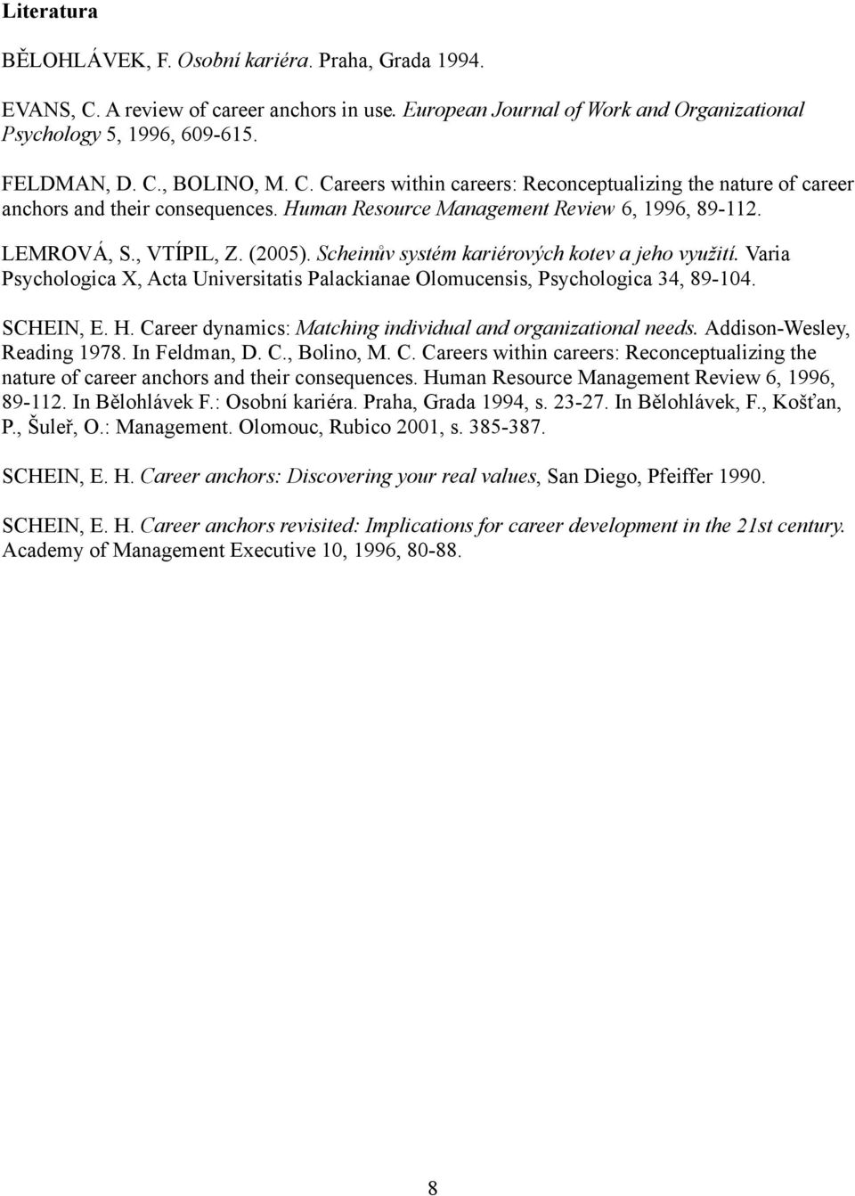 Scheinův systém kariérových kotev a jeho využití. Varia Psychologica X, Acta Universitatis Palackianae Olomucensis, Psychologica 34, 89-104. SCHEIN, E. H.