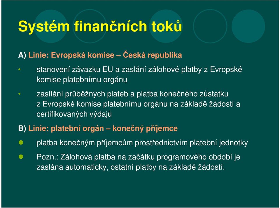 základě žádostí a certifikovaných výdajů B) Linie: platební orgán konečný příjemce platba konečným příjemcům prostřednictvím