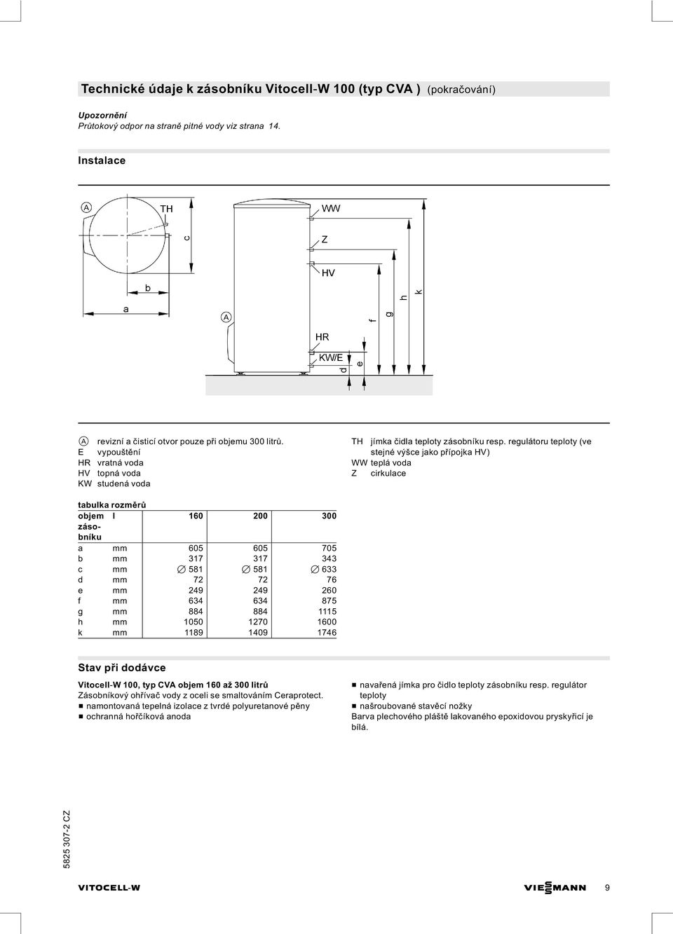 regulátoru teploty (ve stejné výšce jako přípojka HV) WW teplá voda Z cirkulace tabulka rozměrů objem l 160 200 300 zásobníku a mm 605 605 705 b mm 317 317 343 c mm 7 581 7 581 7 633 d mm 72 72 76 e