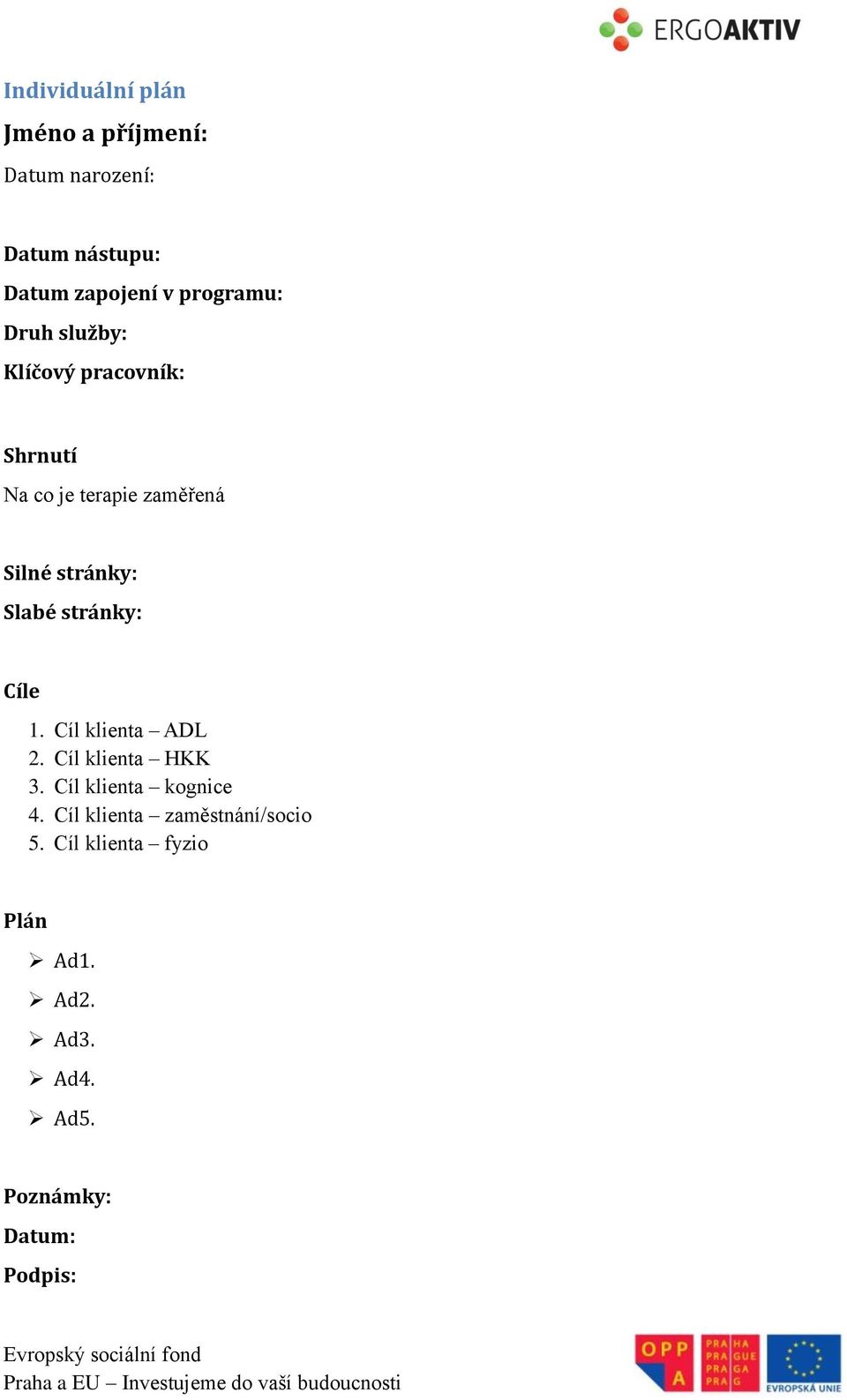 Slabé stránky: Cíle 1. Cíl klienta ADL 2. Cíl klienta HKK 3. Cíl klienta kognice 4.