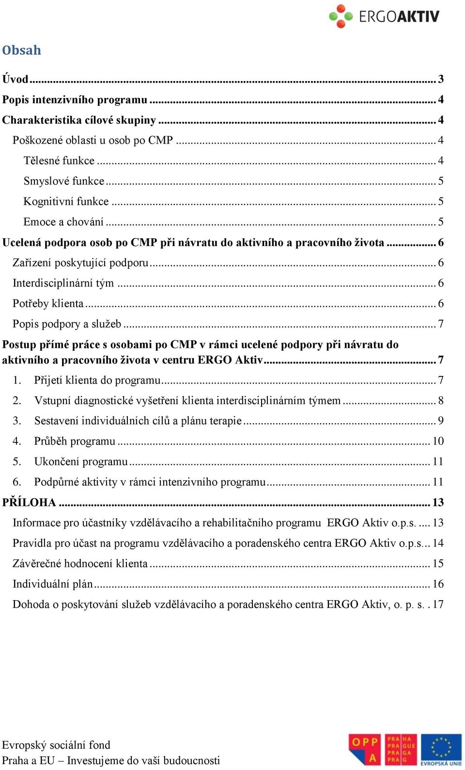 .. 7 Postup přímé práce s osobami po CMP v rámci ucelené podpory při návratu do aktivního a pracovního života v centru ERGO Aktiv... 7 1. Přijetí klienta do programu... 7 2.