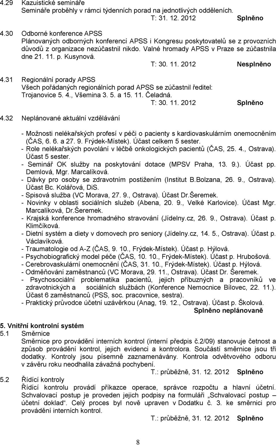 T: 30. 11. 2012 Nesplněno 4.31 Regionální porady APSS Všech pořádaných regionálních porad APSS se zúčastnil ředitel: Trojanovice 5. 4., Všemina 3. 5. a 15. 11. Čeladná. T: 30. 11. 2012 4.