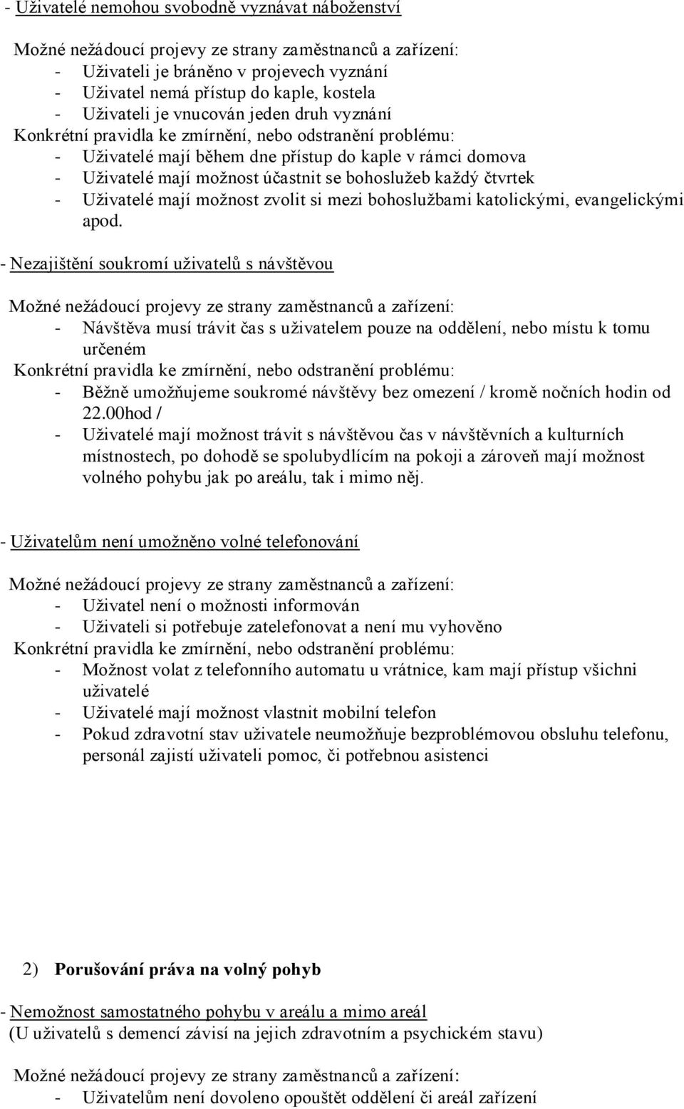 - Nezajištění soukromí uživatelů s návštěvou - Návštěva musí trávit čas s uživatelem pouze na oddělení, nebo místu k tomu určeném - Běžně umožňujeme soukromé návštěvy bez omezení / kromě nočních