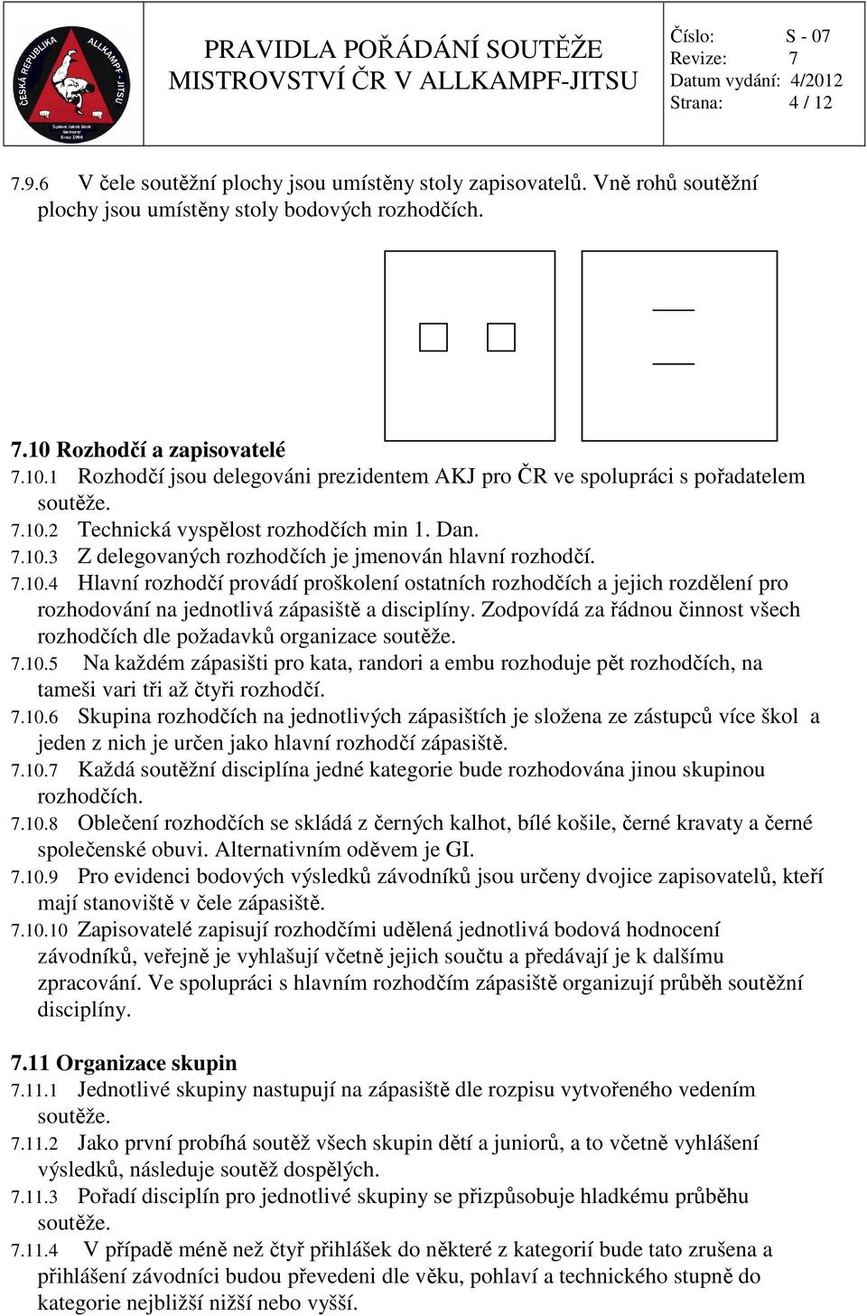 7.10.4 Hlavní rozhodčí provádí proškolení ostatních rozhodčích a jejich rozdělení pro rozhodování na jednotlivá zápasiště a disciplíny.