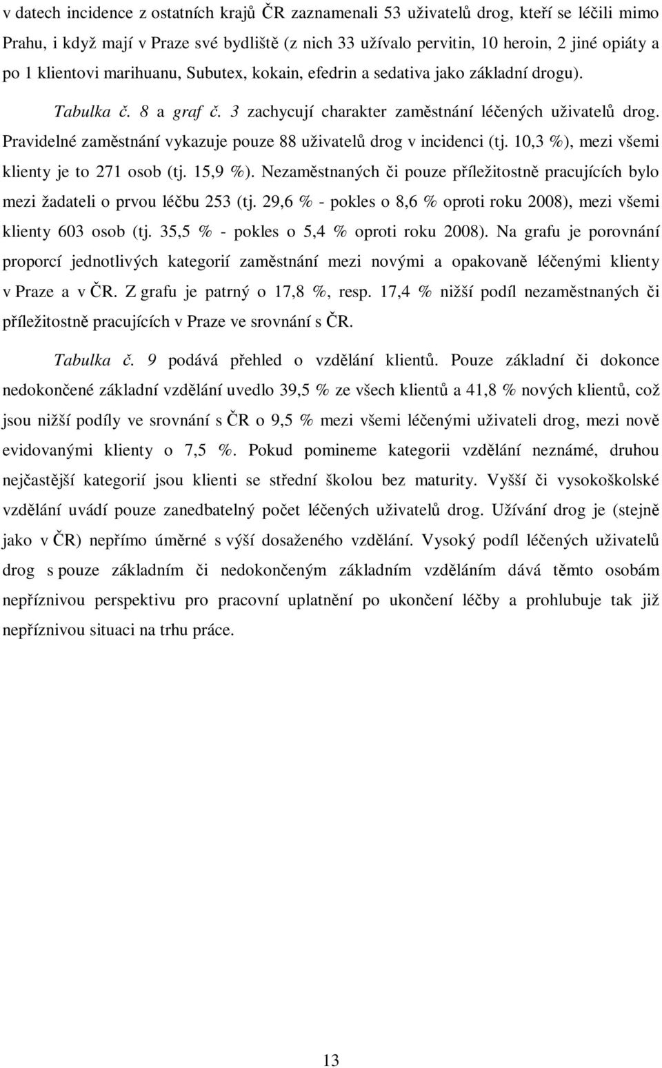 Pravidelné zaměstnání vykazuje pouze 88 uživatelů drog v incidenci (tj. 10,3 %), mezi všemi klienty je to 271 osob (tj. 15,9 %).