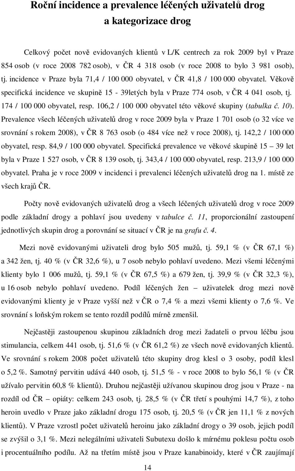 Věkově specifická incidence ve skupině 15-39letých byla v Praze 774 osob, v ČR 4 041 osob, tj. 174 / 100 000 obyvatel, resp. 106,2 / 100 000 obyvatel této věkové skupiny (tabulka č. 10).