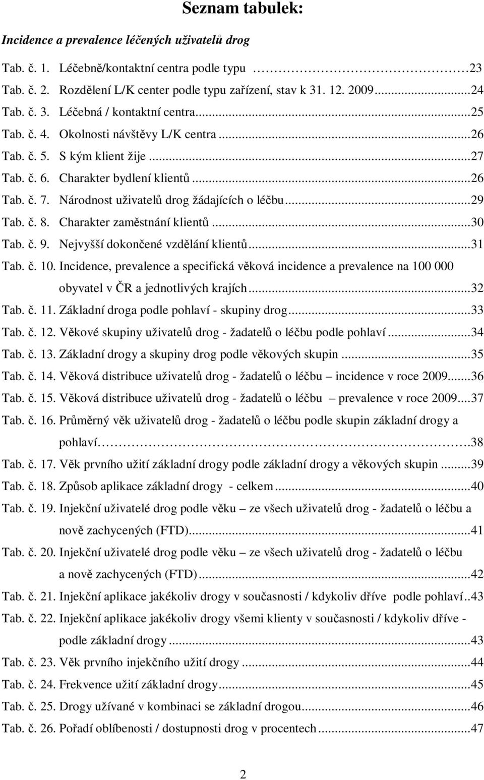 Národnost uživatelů drog žádajících o léčbu...29 Tab. č. 8. Charakter zaměstnání klientů...30 Tab. č. 9. Nejvyšší dokončené vzdělání klientů...31 Tab. č. 10.