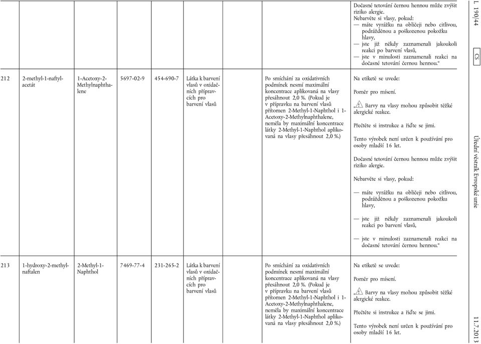 (Pokud je v přípravku na přítomen 2-Methyl-1-Naphthol i 1- Acetoxy-2-Methylnaphthalene, neměla by maximální koncentrace látky 2-Methyl-1-Naphthol aplikovaná na vlasy )  (Pokud je v přípravku