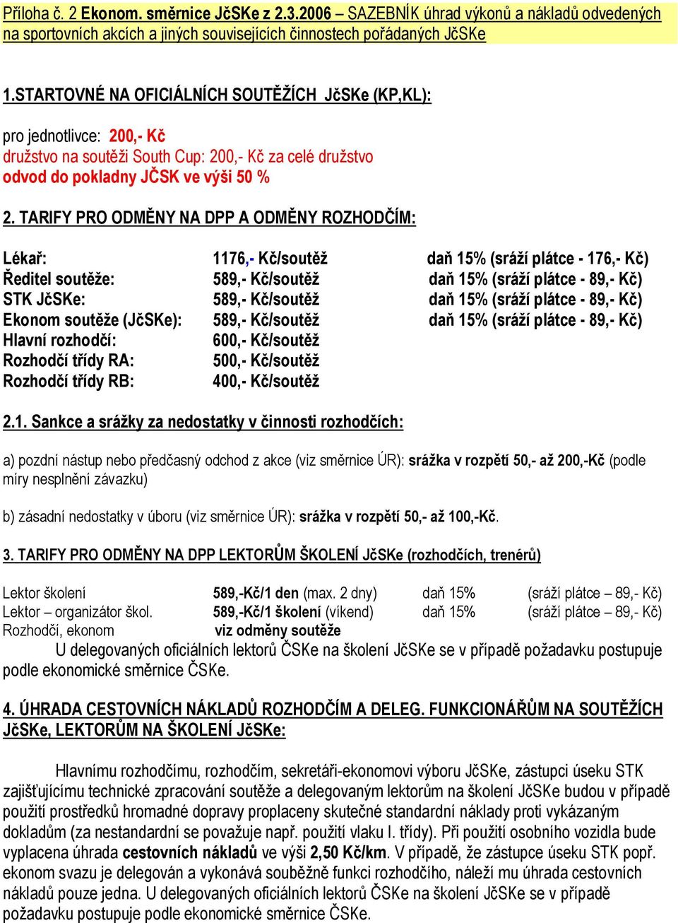 TARIFY PRO ODMĚNY NA DPP A ODMĚNY ROZHODČÍM: Lékař: 1176,- Kč/soutěž daň 15% (sráží plátce - 176,- Kč) Ředitel soutěže: 589,- Kč/soutěž daň 15% (sráží plátce - 89,- Kč) STK JčSKe: 589,- Kč/soutěž daň