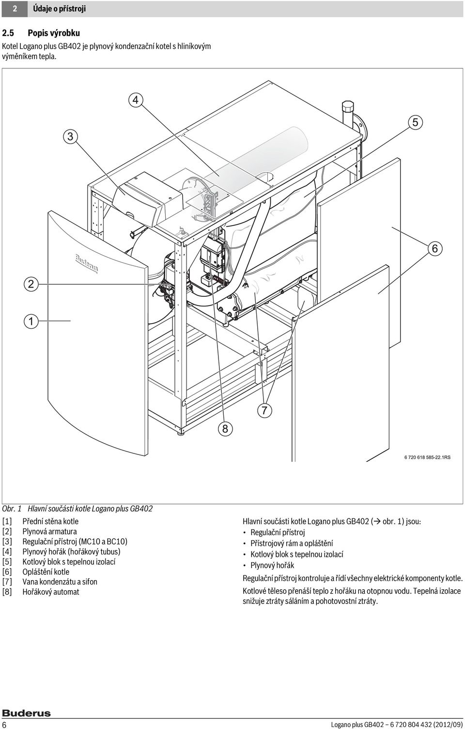 izolací [6] Opláštění kotle [7] Vana kondenzátu a sifon [8] Hořákový automat Hlavní součásti kotle Logano plus GB402 ( obr.