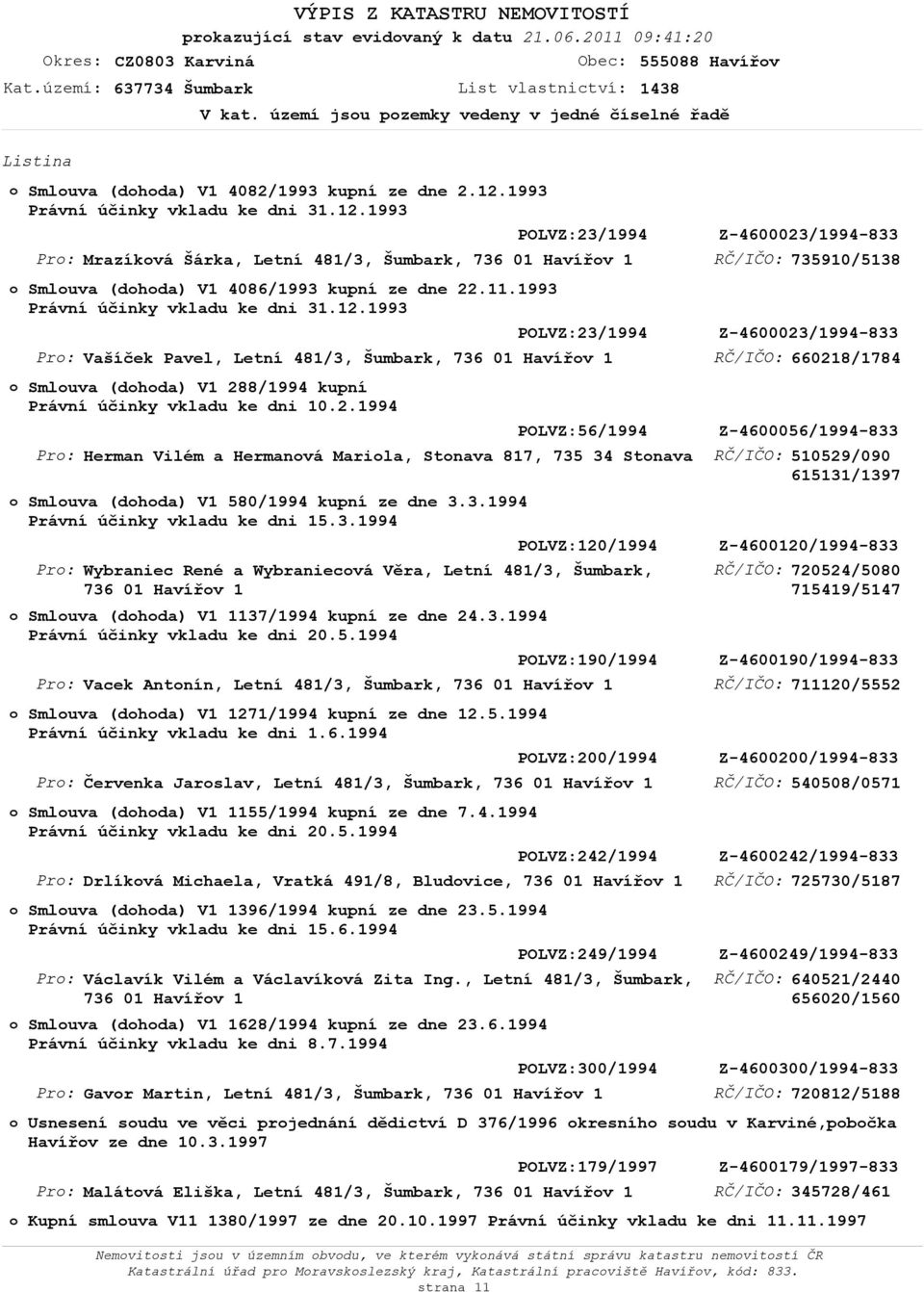 11.1993 Právní účinky vkladu ke dni 31.12.1993 Vašíček Pavel, Letní 481/3, Šumbark, 736 01 Havířv 1 Smluva (dhda) V1 288/1994 kupní Právní účinky vkladu ke dni 10.2.1994 Herman Vilém a Hermanvá Marila, Stnava 817, 735 34 Stnava Smluva (dhda) V1 580/1994 kupní ze dne 3.