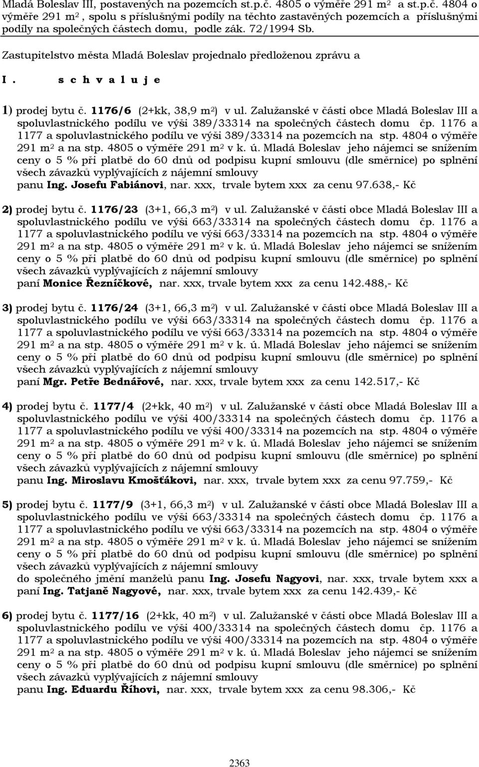 1176 a 1177 a spoluvlastnického podílu ve výši 389/33314 na pozemcích na stp. 4804 o výměře 291 m 2 a na stp. 4805 o výměře 291 m 2 v k. ú.