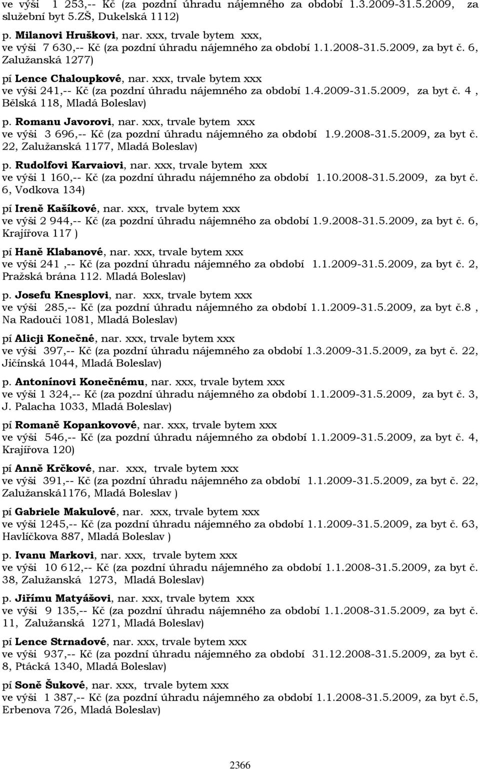 xxx, trvale bytem xxx ve výši 241,-- Kč (za pozdní úhradu nájemného za období 1.4.2009-31.5.2009, za byt č. 4, Bělská 118, Mladá Boleslav) p. Romanu Javorovi, nar.