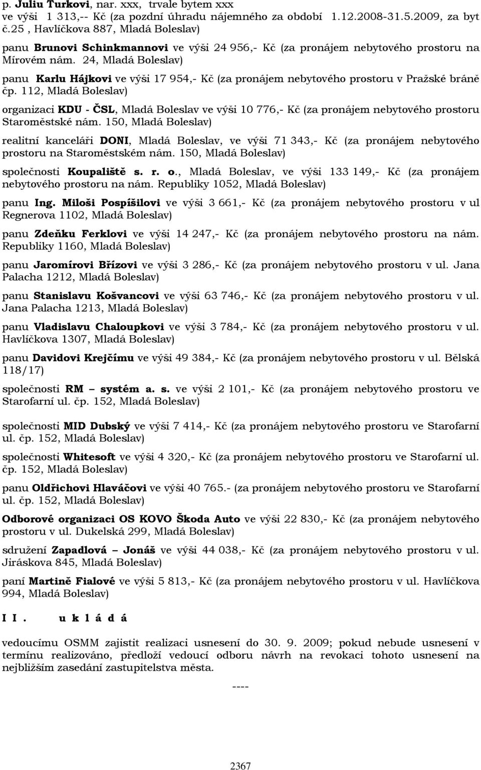 24, Mladá Boleslav) panu Karlu Hájkovi ve výši 17 954,- Kč (za pronájem nebytového prostoru v Pražské bráně čp.