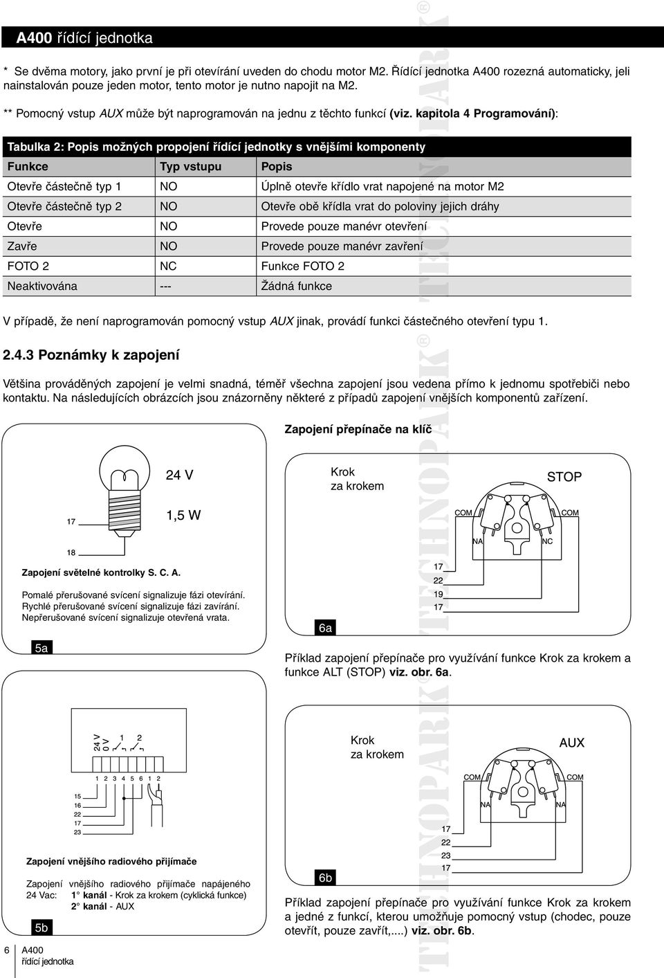 kapitola 4 Programování): Tabulka 2: Popis možných propojení řídící jednotky s vnějšími komponenty Funkce Typ vstupu Popis Otevře částečně typ 1 NO Úplně otevře křídlo vrat napojené né na motor M2