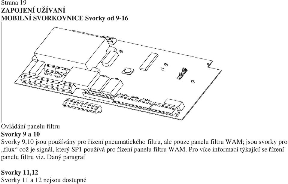svorky pro flux což je signál, který SP1 používá pro řízení panelu filtru WAM.