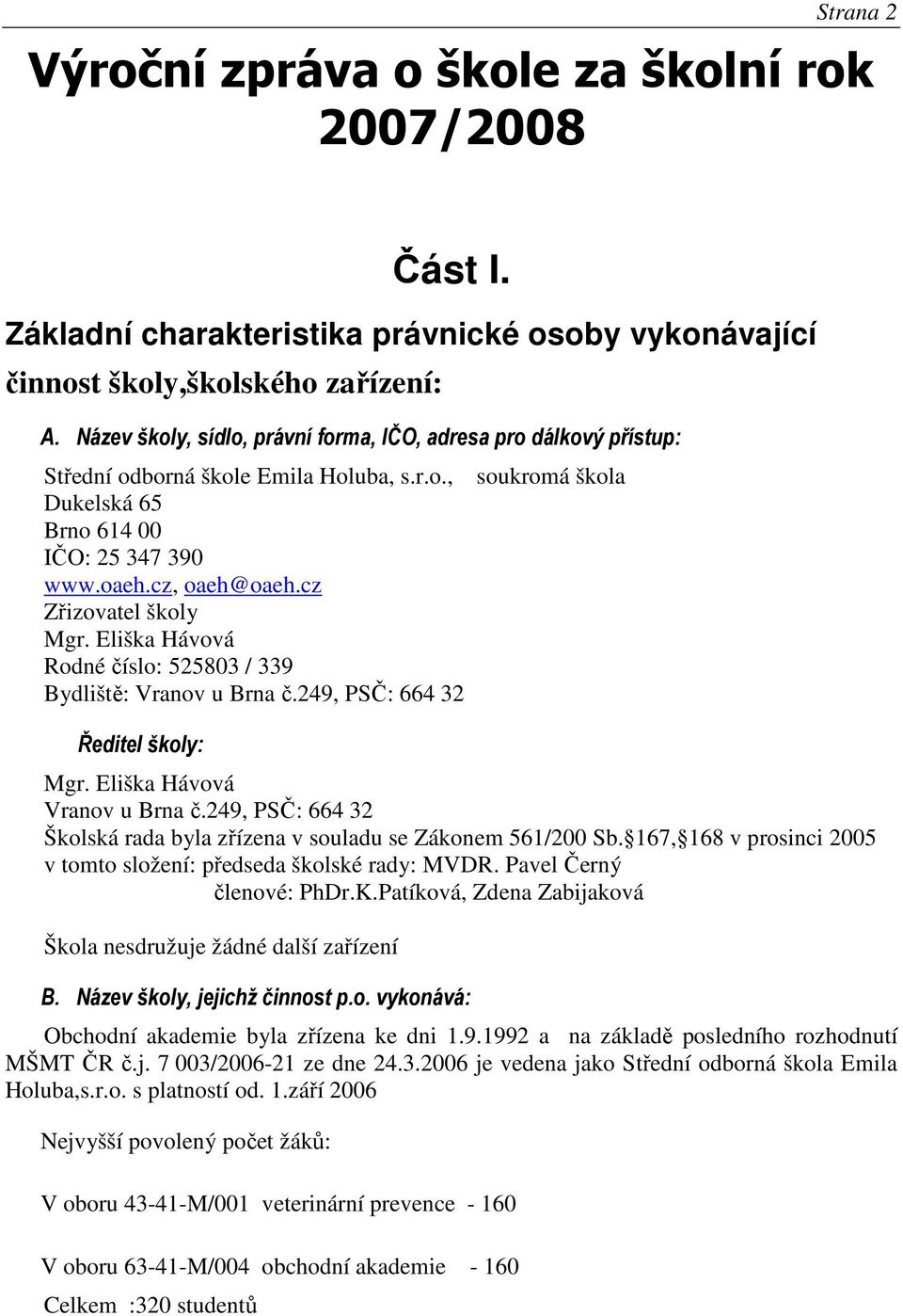 cz Zřizovatel školy Mgr. Eliška Hávová Rodné číslo: 525803 / 339 Bydliště: Vranov u Brna č.249, PSČ: 664 32 Ředitel školy: Mgr. Eliška Hávová Vranov u Brna č.