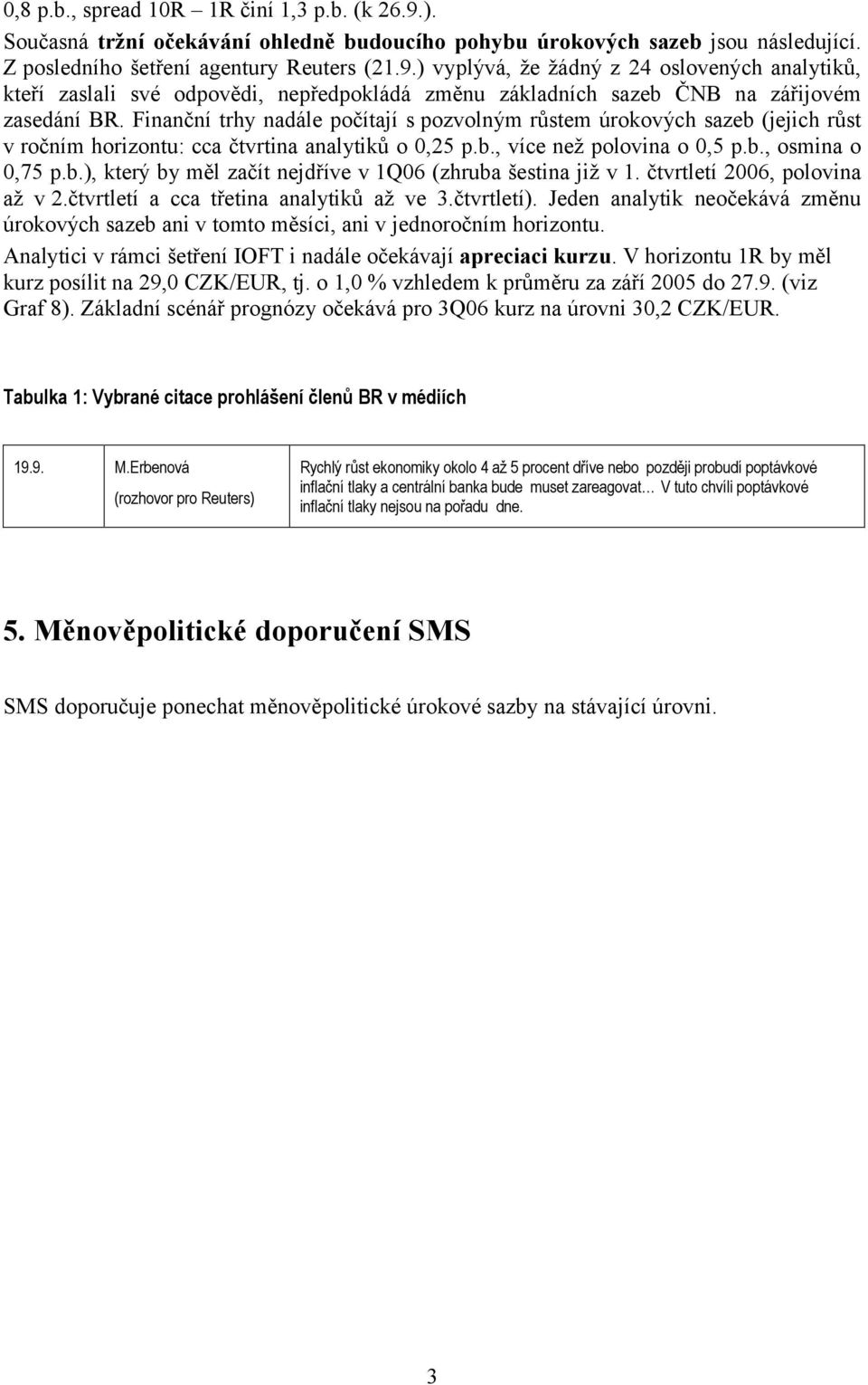 čtvrtletí 2006, polovina až v 2.čtvrtletí a cca třetina analytiků až ve 3.čtvrtletí). Jeden analytik neočekává změnu úrokových sazeb ani v tomto měsíci, ani v jednoročním horizontu.