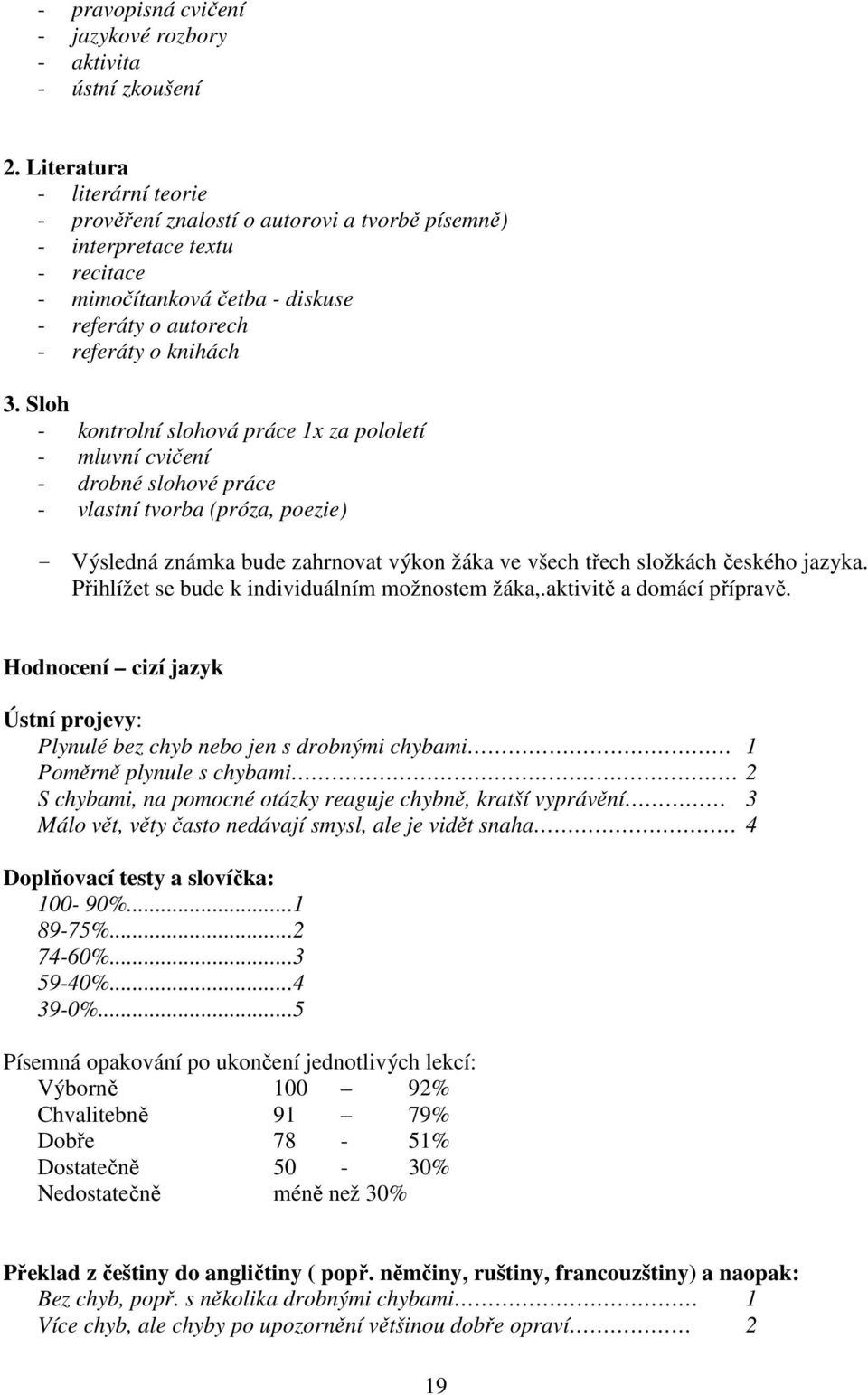 Sloh - kontrolní slohová práce 1x za pololetí - mluvní cvičení - drobné slohové práce - vlastní tvorba (próza, poezie) - Výsledná známka bude zahrnovat výkon žáka ve všech třech složkách českého